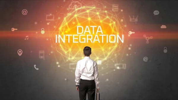Visão Traseira Empresário Com Inscrição Data Integration Conceito Segurança Line — Fotografia de Stock