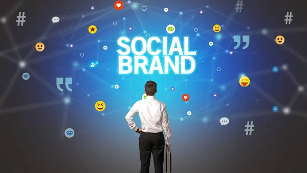Visão Traseira Homem Negócios Com Inscrição Social Brand Conceito Rede — Fotografia de Stock