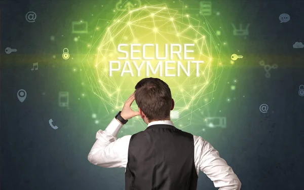 Vista Posteriore Uomo Affari Con Iscrizione Secure Payment Concetto Sicurezza — Foto Stock