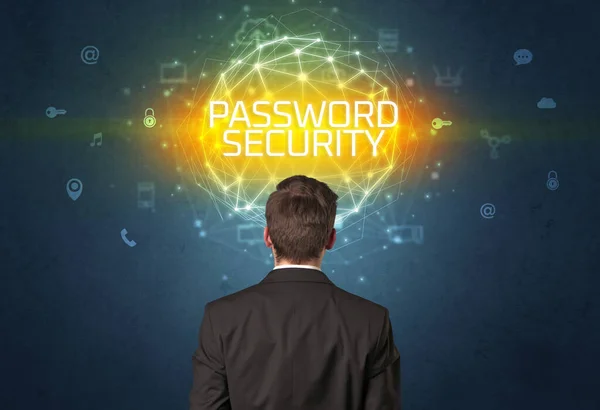 Visão Traseira Homem Negócios Com Inscrição Password Segurança Conceito Segurança — Fotografia de Stock