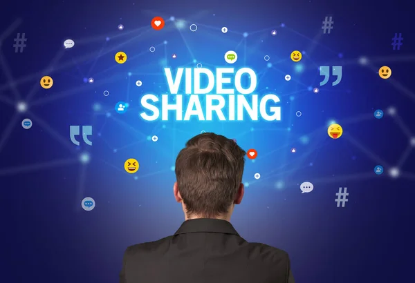 Rear View Businessman Video Sharing Inscription Social Networking Concept — Stock Photo, Image