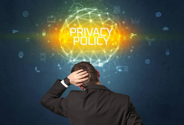 Rear View Businessman Privacy Policy Inscription Online Security Concept — Stock Photo, Image