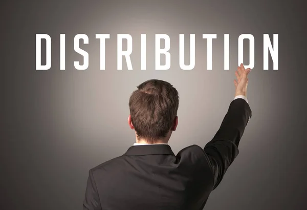 Achteraanzicht Van Een Zakenman Met Distribution Inscriptie Krachtig Business Concept — Stockfoto