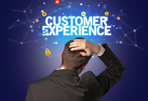 Rear View Businessman Customer Experience Inscription Social Networking Concept — Stock Photo, Image
