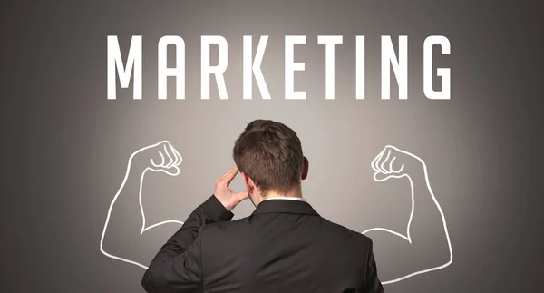 Visão Traseira Homem Negócios Com Inscrição Marketing Conceito Negócio Poderoso — Fotografia de Stock