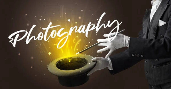 Magician Showing Magic Trick Photography Inscription Traveling Concept — Stock Photo, Image