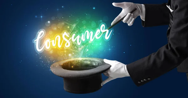 Main Magicien Conjure Avec Baguette Inscription Consommateur Concept Achat — Photo