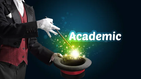 Mágico Está Mostrando Truque Magia Com Inscrição Acadêmica Conceito Educacional — Fotografia de Stock