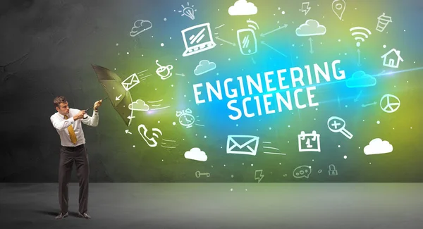 Бизнесмен Защищающийся Зонтиком Надписи Engineering Science Концепция Современных Технологий — стоковое фото