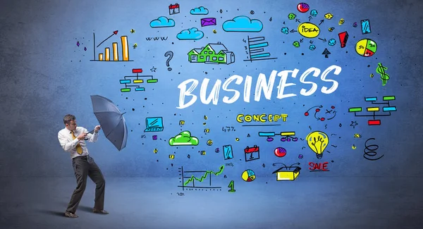 Vastberaden Zakenman Verscholen Achter Paraplu Met Business Inscriptie Nieuw Business — Stockfoto