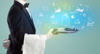 Smokinli yakışıklı garson elinde alışveriş çantası ikonları, küresel pazar konsepti.