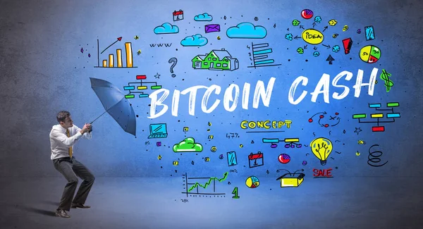 Entschlossener Geschäftsmann Versteckt Sich Hinter Regenschirm Mit Bitcoin Cash Aufschrift — Stockfoto
