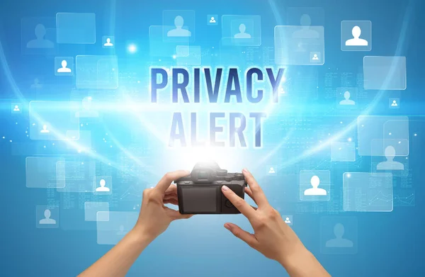 Close Van Handcamera Met Privacy Alert Inscriptie Videobewaking Concept — Stockfoto