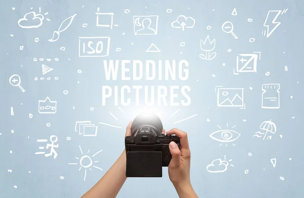 Hand Taking Picture Digital Camera Wedding Pictures Inscription Camera Settings — Stock Photo, Image