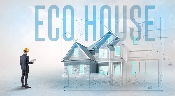 Eco Houseの碑文 家の計画コンセプトと青写真を保持する若いエンジニア — ストック写真