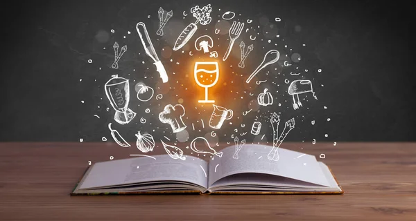 Open Receptenboek Met Getrokken Glas Wijnpictogrammen Die Eruit Komen Gastronomie — Stockfoto