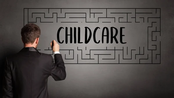 Επιχειρηματίας Ζωγραφική Λαβύρινθο Επιγραφή Childcare Έννοια Επιχειρηματική Εκπαίδευση — Φωτογραφία Αρχείου