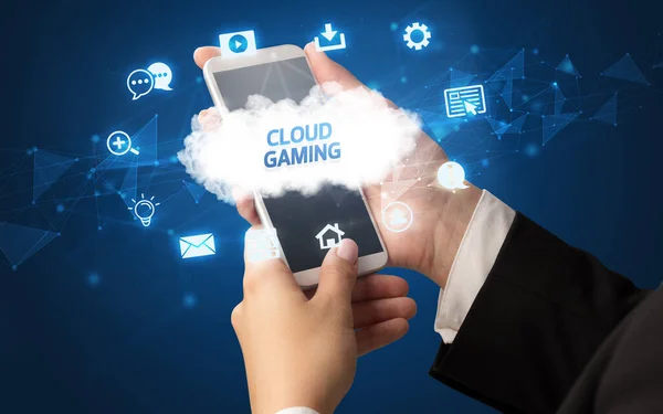 Kvinnlig Hand Håller Smartphone Med Cloud Gaming Inskription Moln Teknik — Stockfoto