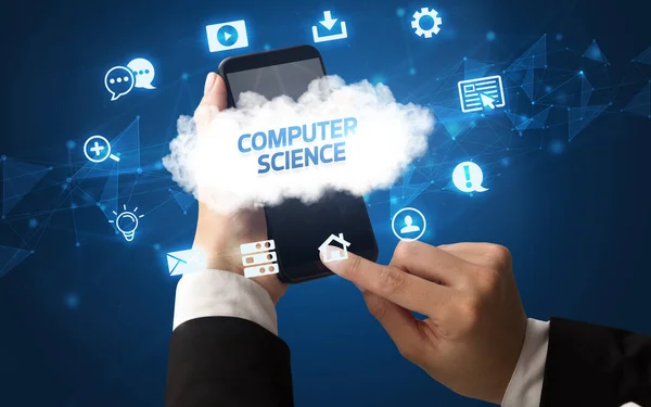 Smartphone Mano Femminile Con Iscrizione Computer Science Concetto Tecnologia Cloud — Foto Stock