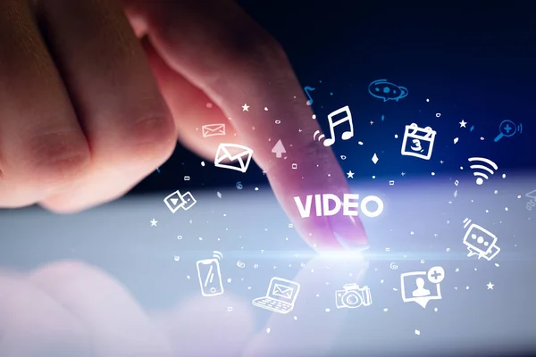 Ujj Megható Tabletta Rajzolt Közösségi Média Ikonok Videó Felirat Szociális — Stock Fotó