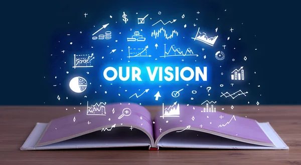 OUR VISION inscription coming out from an open book, business concept