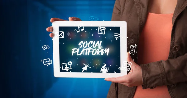 Young Business Person Working Tablet Shows Inscription Social Platform — Stock Photo, Image