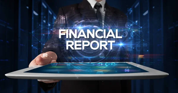 Young Business Person Working Tablet Shows Inscription Financial Report Business — Stock Photo, Image