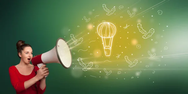 Junge Leute Schreien Megafon Und Heißluftballon Ikone Gesundes Ernährungskonzept — Stockfoto