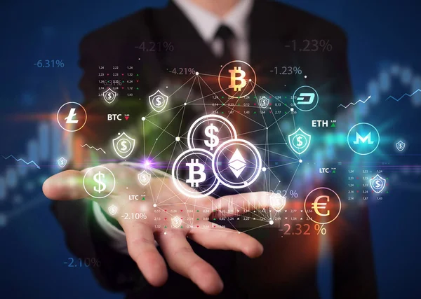 Businessman Holding Cryptocurrencies Symbol Investment Concept — Stock Photo, Image