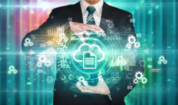 Businessman Holding Cloud Storage Icon His Hands Multiple Technology Symbols — Stock Photo, Image