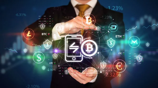 Businessman Holding Bitcoin App Symbol Investment Concept — Stock Photo, Image