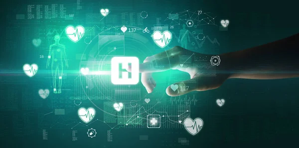 Doctor hand pressing futuristic health device with hospital symbol on screen, futuristic concept
