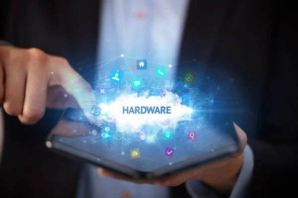 Businessman Holding Foldable Smartphone Hardware Inscription Technology Concept — Stock Photo, Image