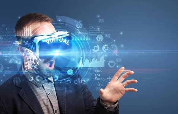 Businessman Looking Virtual Reality Glasses Virtual Inscription Innovative Technology Concept — Stock Photo, Image