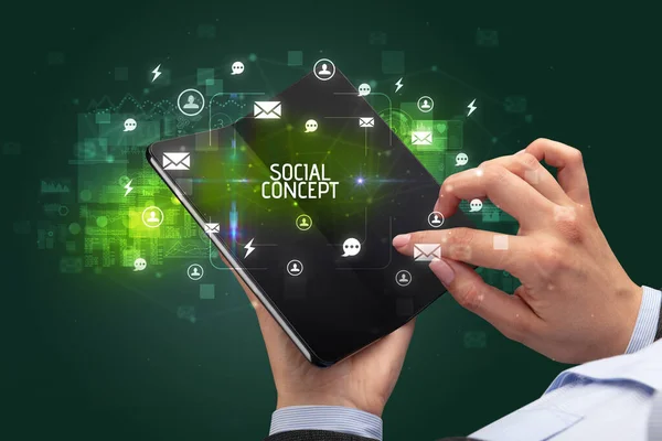 Businessman Holding Foldable Smartphone Social Concept Inscription Social Networking Concept — Stock Photo, Image