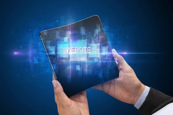 Businessman Holding Foldable Smartphone Website Inscription New Technology Concept — Stock Photo, Image