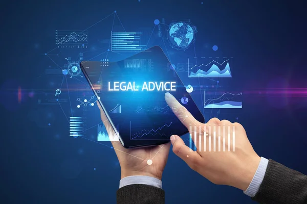 Businessman Holding Foldable Smartphone Legal Advice Inscription Successful Business Concept — Stock Photo, Image