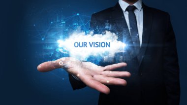 VISION yazıtlarımızı tutan İşadamı 'nın eli, başarılı iş konsepti