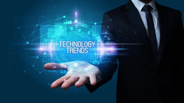 Man Hand Holding Technology Trends Inscription Technology Concept — Stock Photo, Image