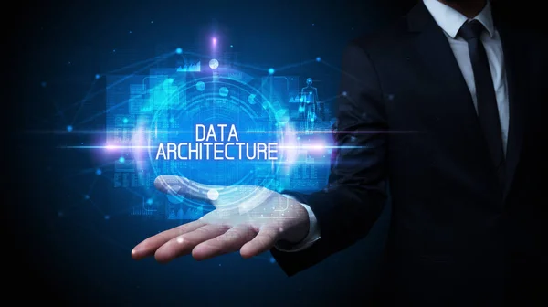 Man Hand Houden Data Architectuur Inscriptie Technologie Concept — Stockfoto
