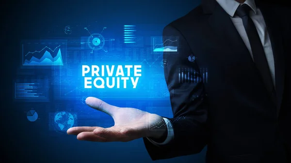 Dłoń Biznesmena Napisem Private Equity Koncepcja Sukcesu Biznesowego — Zdjęcie stockowe