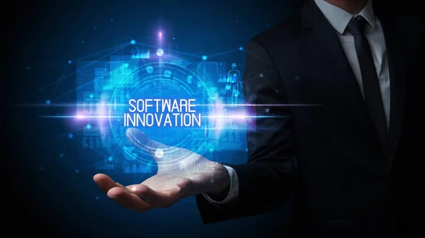 Människans Handhållning Software Innovation Inskription Teknik Koncept — Stockfoto