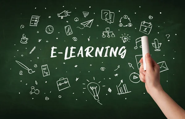 Handritning Learning Inskription Med Vit Krita Svarta Tavlan Utbildningskoncept — Stockfoto