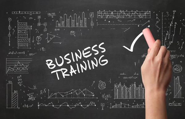 Handritning Business Training Inskription Med Vit Krita Svarta Tavlan Affärsidé — Stockfoto
