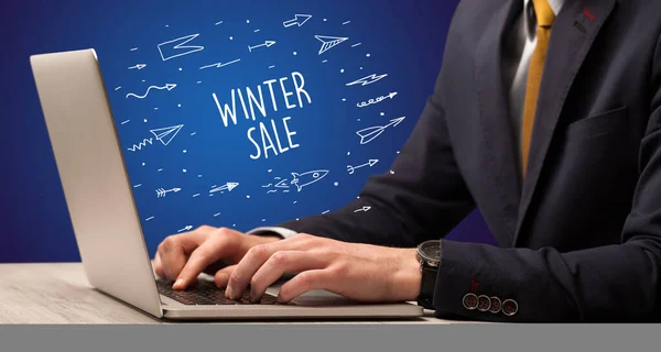 Businessman Working Laptop Winter Sale Inscription Online Shopping Concept — Stock Photo, Image
