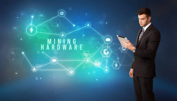 Businessman Front Cloud Service Icons Mining Hardware Inscription Modern Technology — ストック写真