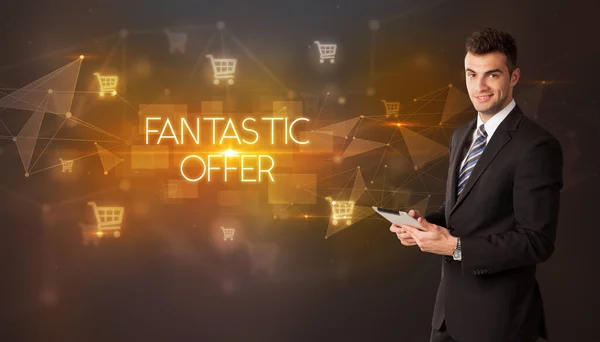 Üzletember Bevásárlókocsi Ikonnal Fantastic Offer Felirattal Online Vásárlási Koncepció — Stock Fotó