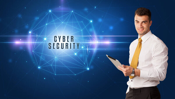 Businessman thinking about security solutions with CYBER SECURITY inscription