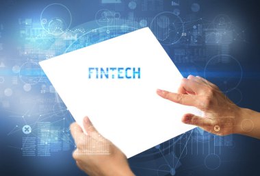 FINTECH yazıtlı el yapımı fütüristik tablet, yeni teknoloji kavramı