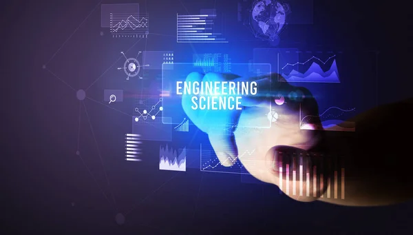 Hand Touching Engineering Science Inscription New Business Technology Concept — Stock Photo, Image